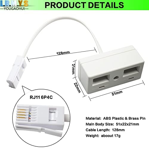 LRMYS One BT Plug to Two BT Sockets Splitter, UK Telephone RJ11 Male Plug to Double Female Socket Extender, for UK Landline Telephone FAX Modem Cable Adapter and Converter, White 1 Pack — view 2