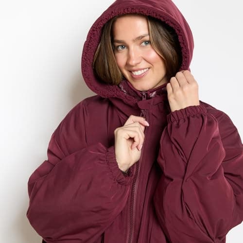 OHS Changing Robe Women's Jackets, Oversized Waterproof Jacket Fleece Lining Rain Coats for Women Drying Robe with Hood & Pockets Lightweight Ladies Jackets for Outdoor Travel, Burgundy - S/M — view 6