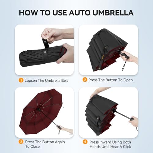 TECKNET Windproof Umbrella, Strong Compact Travel Automatic, Large Wind Resistant with 10 Ribs, Folding Lightweight Golf Automatic for Rain - Men, Red&Black — view 6