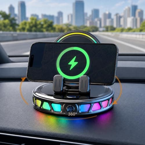 Foluu 360° Rotating Wireless Charging Car Phone Holder with RGB Ambient Light, 15W Fast Charging One-Click Auto Locking Dashboard Holder for Car Navigation, Compatible with iPhone & Android