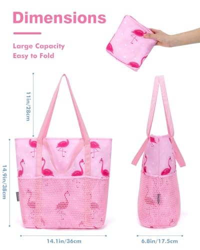 Beach Bag with Zip and Pockets Small Beach Tote Bags Women, Pink Flamingo — view 4
