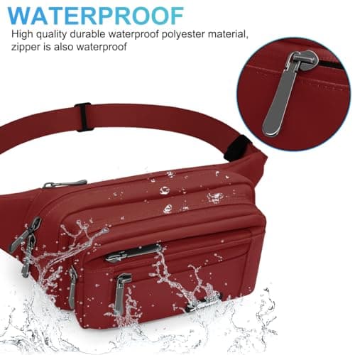 REETEE Waterproof bumbags for Ladies Men Fashion Bum Bag with Adjustable Belt and 5 Zipper Pockets Large Capacity Fanny Pack Waist Bag for Outdoors, Sport, Hiking, Travel (A-Deep red) — view 2