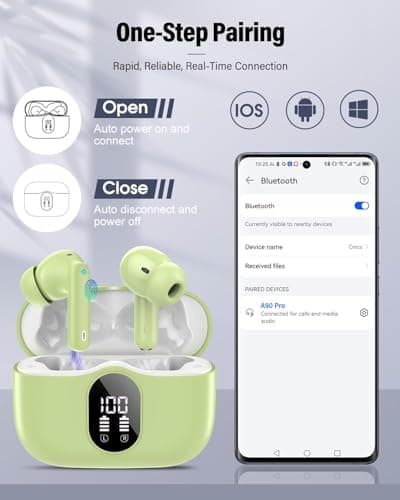 Wireless Earbuds, Bluetooth 5.4 Headphones In Ear with 4 ENC Mic, Wireless Earphones Noise Cancelling Deep Bass, LED Display, Bluetooth Earbuds 36H Playtime, IP7 Waterproof Ear Buds, USB-C Grass Green — view 5