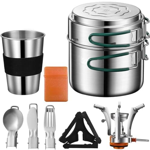 pobowlgarls Camping Cookware Mess Kit, Stainless Steel Camping Cooking Set, Backpacking Cooking Set Backpacking Gear with Mini Stove for Camping,Backpacking,Picnic, Hiking, 1People, Silver and Balck