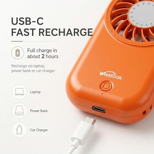 WHATOOK Mini Handheld Turbo Fan: 0.59in Ultra-Slim & 0.12lbs Light Pocket Fan, 11000 RPM Power, USB-C Rechargeable Portable Small Personal Hand Fan for Travel Essentials, Outdoor, Gift, Orange — view 4