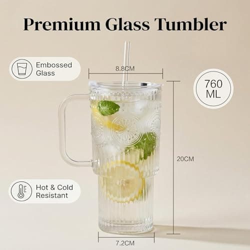 1ZIZIFA8 750ml Glass Tumbler with Lid & Straw, 2 Pack - Ribbed Design with Handle, Large Leakproof Iced Coffee Cup for Smoothies, Matcha, Latte, Bubble Tea & Cold Drinks - Dishwasher Safe — view 3