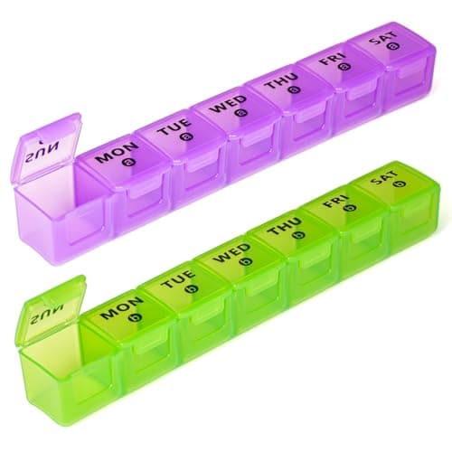 2pack Weekly Pill Organiser, Pill Boxes 7 Day 2 Times a Day Large Pill Box Organiser 14 Day XL Medication Tablet Case for Travel Fish Oil Vitamin Holder(Purple-Green)