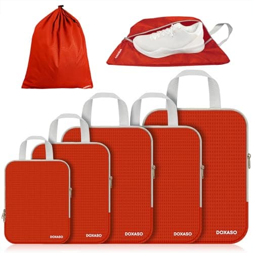 Doxaso Compression Packing Cubes Ultralight Expandable Suitcase Organiser Bags Water Repellent Travel Organiser for Backpack 7 PCS (Orange)