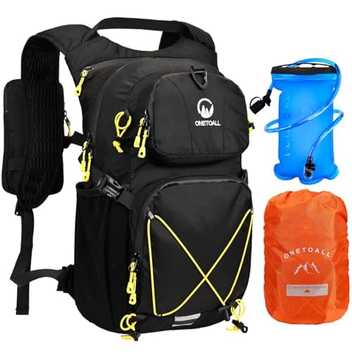 ONETOALL Hydration Backpack with 2L Water Bladder, 22L Waterproof Hiking Backpack with Rain Cover, Insulated Compartment for Running, Cycling, Walking, Camping & Skiing, Black