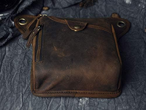 Le'aokuu Mens Womens Genuine Leather Motorcycle Waist Pack Messenger Shoulder Hip Bum Drop Leg Thigh Bag Pouches (211-5 0 Dark Brown) — view 6