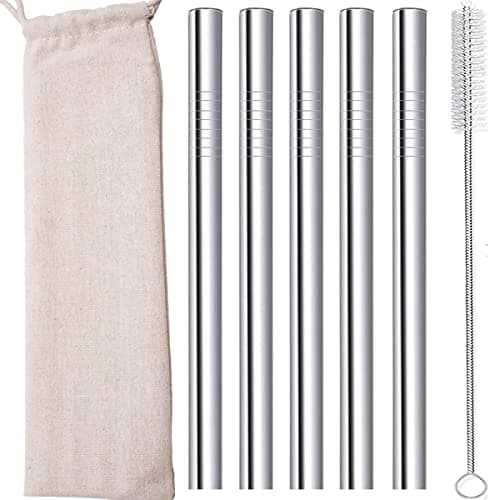 Boba Straws Reusable Bubble Tea Straws Metal Stainless Steel Smoothie Milkshake Jumbo Straw Thick Fat Wide with Travel Case Carry Bag Cleaner Brush 12mm 5-Pcs