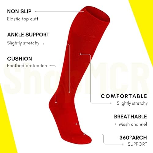 ShopMCR Unisex Football, Rugby, Hockey Sports Knee High Long Socks, Kids, Adults, juniors Knee High Football Socks Outdoor game Soccer Socks (3-6, Red) — view 2