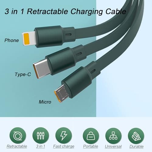 Multi Charger Cable, 66W PD 3 in 1 Retractable Charging Cable Fast Charge with iP/Micro/Type C Port, Multiple USB Cables for Phone Samsung Galaxy Huawei Xiaomi Laptop Tablet PS5 Android -1.2M — view 3