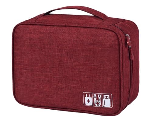 FAVORTALK Travel Organiser Electronics Organiser Travel Accessories Storage Bag with Removable Bulkhead Waterproof Portable Gadget Pouch for Cable Power Bank Charger Headphone, Wine Red 1 B21614