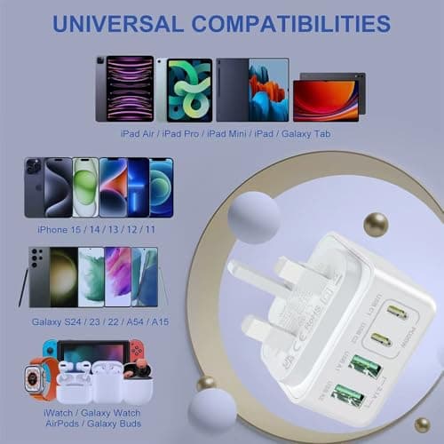 USB C Plug 40W Multi Port USB C Charger with 2×USB-C & 2×USB-A | UK Portable Phone Charger For iPhone 17/16/15/14/13/12/X/XS Pro Max, iPad, AirPods, Samsung Galaxy, Google Pixel — view 2