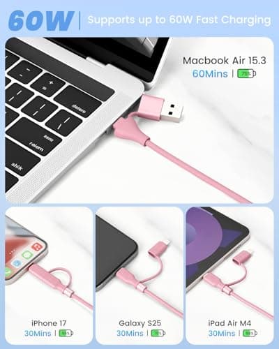 4 in 1 Multi Coiled USB C Cable for Car, 60W 3A Fast Charger Cable & Data Cable for Car Play & Android Auto, USB C/A to Lightning, USB C/A to USB C for iPhone 17 16, Android and Laptop, 4FT/Pink — view 3