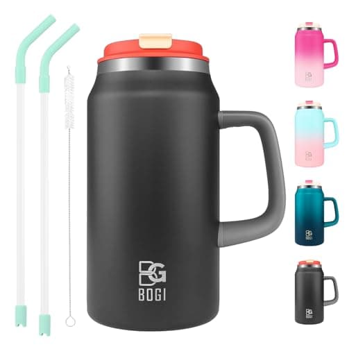 BOGI 50oz Tumbler with Straw and Lid,Large Capacity Travel Mug with Handle Insulated Stainless Steel Water Bottle Cup Keep Cold and Hot for Tea Coffee, Leak-Proof, BPA-Free, Non-Slip | Black