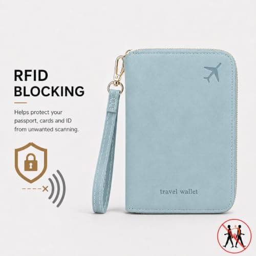 ILIYAH RFID Passport Wallet Holder - PU Leather Travel Document Organiser with Zipper Wrist Strap Card Coin SIM Slots for Men Women Family Trips (Blue) — view 2