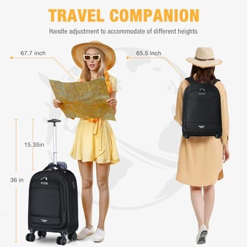 Ponhog Wheeled Backpack - 15.6 Inch Laptop Travel Backpack with 4 Spinner Wheels, Flight Approved Trolley Rucksack for Women & Men, Cabin Approved Carry On Luggage,Black — view 5