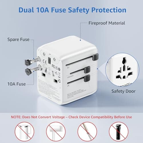 Universal Travel Adapter Worldwide, 25W All-in-One Travel Plug Adapter with 2 USB-C PD and 1 USB-A QC3.0, Dual 10A Fuses, All In One International Power Adapter for UK EU US AUS Asia 150+ Countries — view 6