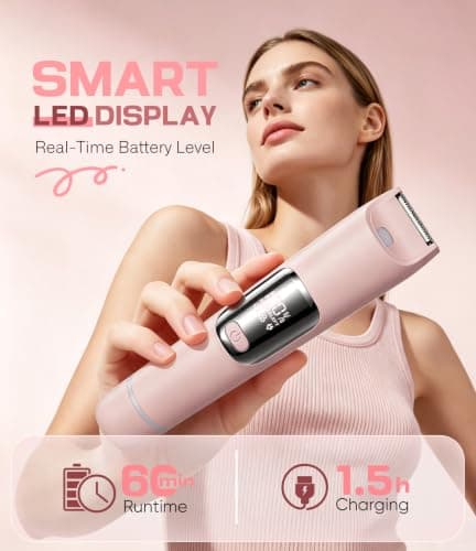Bikini Trimmer Women 2-in-1 Facial Hair Remover for Women, USB-C Electric Lady Shaver with Digital Display, Dual Head Women Shaver with Smart Light for Pubic, Bikini, Underarm, Travel Lock, Nude Pink — view 6