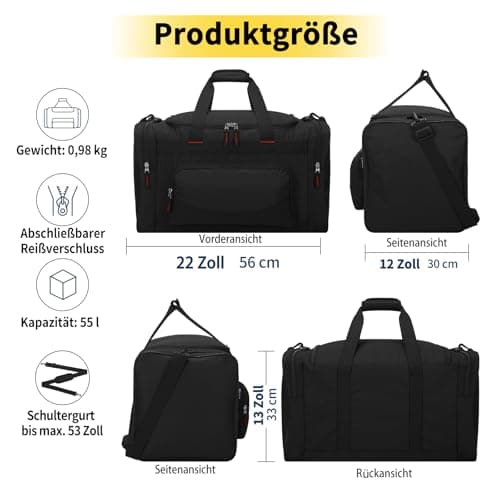 55L Large Sports Holdall Bags for Men, 22 Inch Gym Duffle Bag with Multi Pockets, Travel Fitness Weekend Overnight Bag - Black — view 2