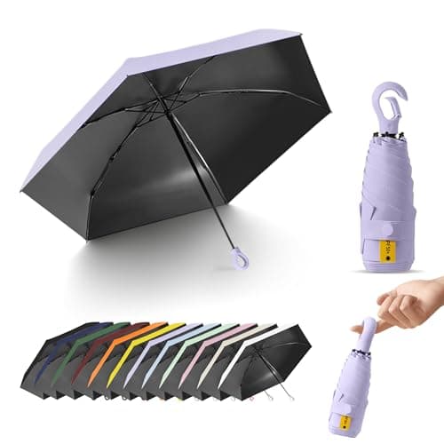 Travebo Mini Travel Folding Umbrella with Carabiner Ring Handle for Women Kids,Lightweight Compact,Portable Small,Handbag,Pocket,UV Protection,Fiberglass Ribs,Teflon coating,Rain Sun