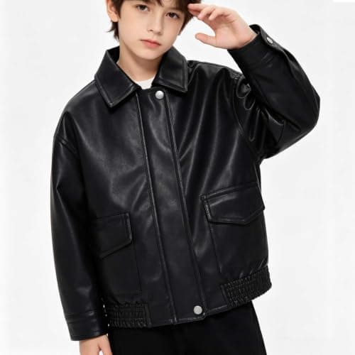 TTHVYE Kids Outdoor Casual Jacket Boys Girls Faux Leather Long Sleeve Zippered Lapel Vintage Biker Style Warm Top for Children Age 1-13 Years Windproof Athletic Daily Travel School Walking​ — view 2