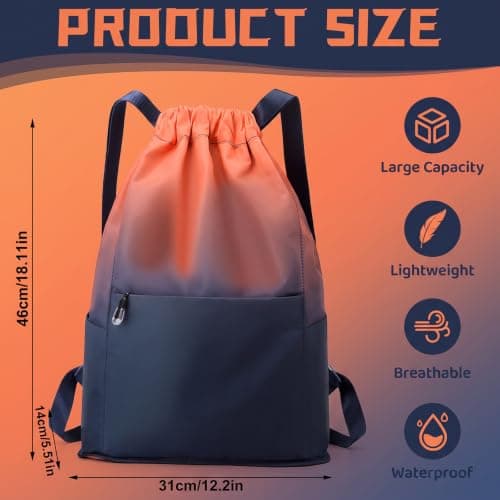 Drawstring Backpack, Swimming Bags for Kids with Shoe Storage Bag, Orange-Blue Gradient Gym Backpack, Water-Resistant, Swimming Bags for Gym,School, Beach, Shopping, Travel, Climbing, Camping — view 2