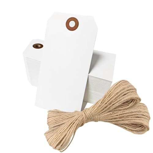 100-Piece Blank Hang Tags with Reinforced Holes and Cotton Strings for Luggage, Clothing, Jewelry, and Gifts (White)