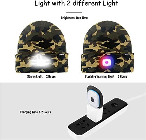 ATNKE LED Lighted Beanie Cap,USB Rechargeable 4 LED Red and Blue Glow Flashing Running Headlamp Hat Winter Warm Gifts for Men and Women/Camouflage Green — view 6