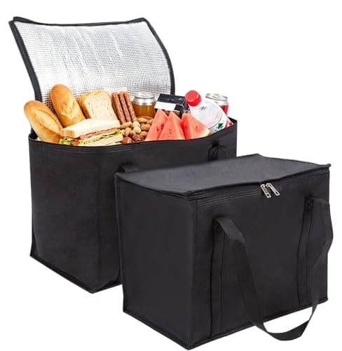 2 Pack Cool Bag, Medium Thermal Bags for Hot Food Delivery, Insulated Cooler Bags with Dual Zips, Reusable Foldable Picnic Bag for Camping BBQ Beach Grocery Shopping(30×25×25CM Black)