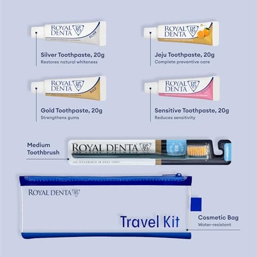 Royal Denta Travel Kit Gift Set – Luxury Gift Box with Gold Medium Toothbrush, Water-Resistant Travel Case and Travel Toothpaste Multipack, Emerald Green — view 2