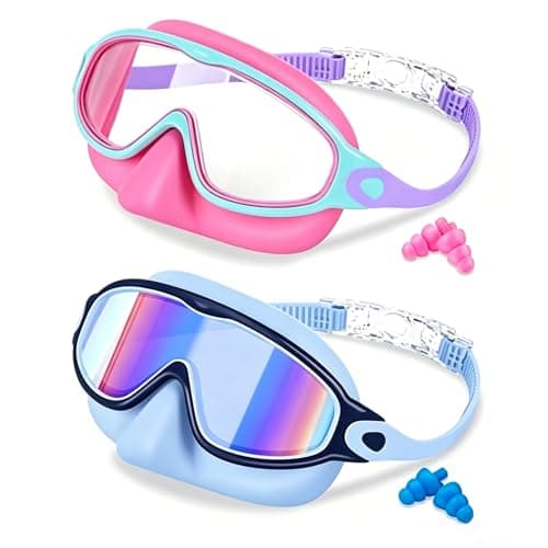 MKEOIEAU 2PCS Kids Swimming Goggles with Nose Cover, Wide View Adjustable Anti-Fog UV Protection Swim Goggle for 3-15 Boys Girls Youth