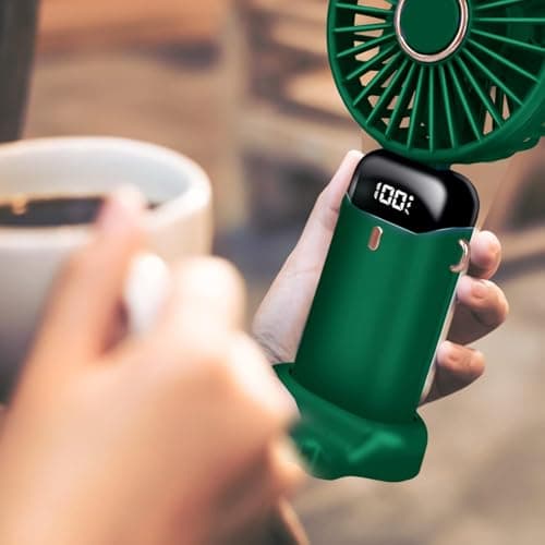 Jsdoin Hand Held Fan,Portable Handheld USB Rechargeable Fans with 5 Speeds,Battery Operated Mini Fan Foldable Desk Desktop Fans with LED Display for Home Office Bedroom Outdoor Travel (Green) — view 2