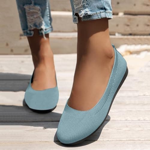 Slip On Ballet Flats for Women Knit Breathable Mesh Dolly Shoes Summer Casual Comfy Pumps for Lounge Outdoor Work,Sky Blue,6 — view 3