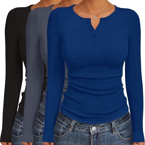 Ekouaer Womens Long Sleeve Henley Top 3 Pack Navy Blue/Dark Gray/Black M