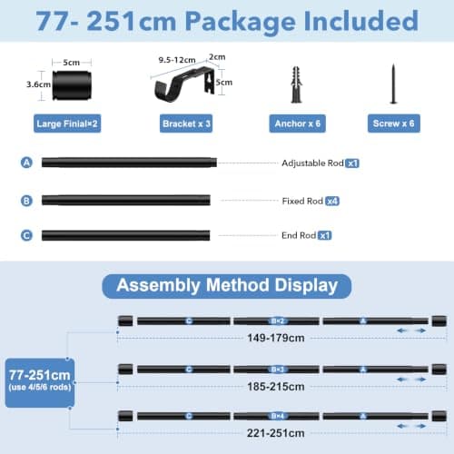 PeSenp Curtain Poles 77-240cm, 25mm Diameter Black Extendable Curtain Pole — view 4