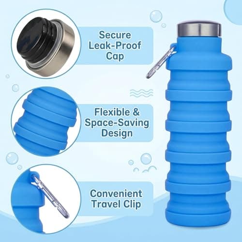 XcnPer Collapsible Water Bottle 500ml, Flexible Silicone Travel Water Bottle, Foldable Leakproof Sports Bottle with Carabiner for Gym Hiking Camping Cycling — view 6