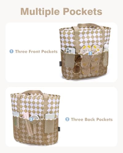 Beach Bag with Zip and Pockets Small Beach Tote Bags for Women, Checkered — view 5