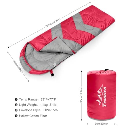 Tesmien Sleeping Bag for Adults & Kids 3-4 Season Warm Weather and Winter Lightweight, Waterproof for Teens, Men's Indoor & Outdoor Camping/Traveling/Hiking, Red Grey — view 2