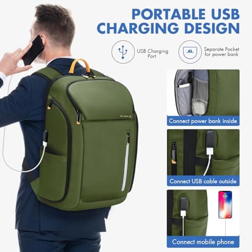 Ponhog Mens Backpack - 30L Large Capacity Laptop Rucksack for Men, 17.3 Inch Anti-Theft Business Bag with USB Port & Multiple Pockets, Durable 900D Nylon for Work/Travel/College, Green — view 6