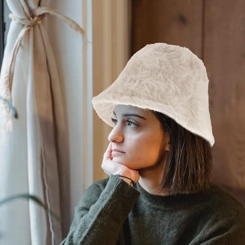 JOYOFREELY Fuzzy Warm Bucket Hat for Women Winter Fluffy Plush Fisherman Cap Cream White Outdoor Travel Warm Winter Hat — view 5