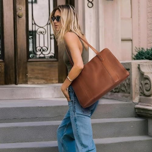 befen Large Tote Bag Genuine Leather Handbag for School Brown Laptop Handbag with Key Chain — view 2