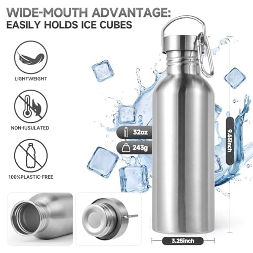 Volhoply 1000ml Uninsulated Single Walled Water Bottle, Stainless Steel Sports Water Bottles with Handle & Carabiner, BPA Free Lightweight Water Bottles for Hiking, Biking, Running（Silver,1） — view 2