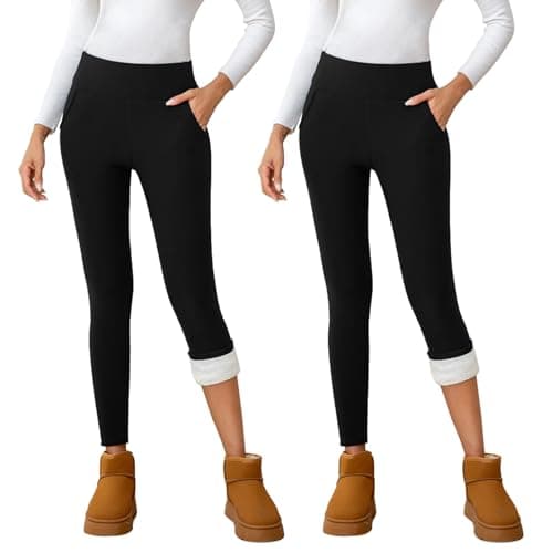 CrystErzoix Fleece Lined Leggings Women High Waisted Thermal Leggings Thick Ladies Sports Yoga Leggings Winter Warm with Pockets, Black L 2-Pack