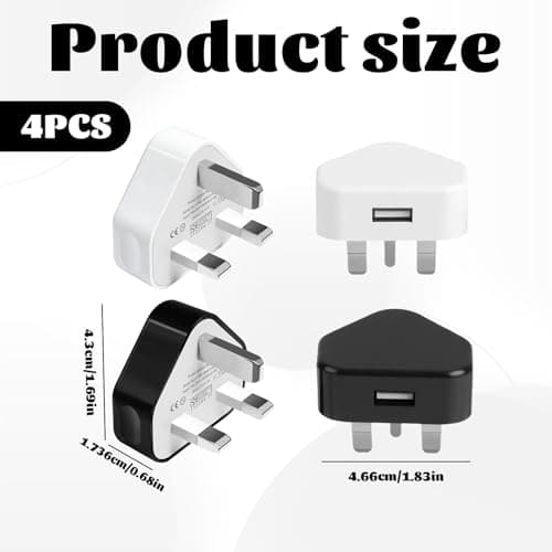 4 Pack USB Plug Adaptor UK Black & White, 5v 1a/ 3 Pin USB Charger Plug, Wall Plugs Socket Charging for iPhone 16 15 14 13 12 11 XS XR X 8 7 6,iPad,Huawei — view 2
