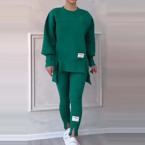 NSICBMNO Green Womens Tracksuit Set 2 Piece Outfits Oversized Sweatshirts Gym Leggings Airport Out Long Jumpers Split Hem Trousers Casual Co Ord Sets Winter Lounge Wear Sets For Gym Sports Travel — view 4