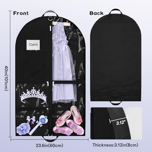 Costume Garment Bags for Dancers, Garment Bags with 3 Clear Zipper Pockets, Clothes Covers Protector Bags for Suits, Travel & Sports Jersey, Cheer Uniform, Cosplay (Black, 1 Pack (40inches)) — view 2
