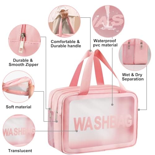 Clear Toiletry Bag, Wet Dry Separation PVC Makeup Cosmetic Bag, Large Capacity PVC Wash Bags with Handles for Women Girls Pink — view 4